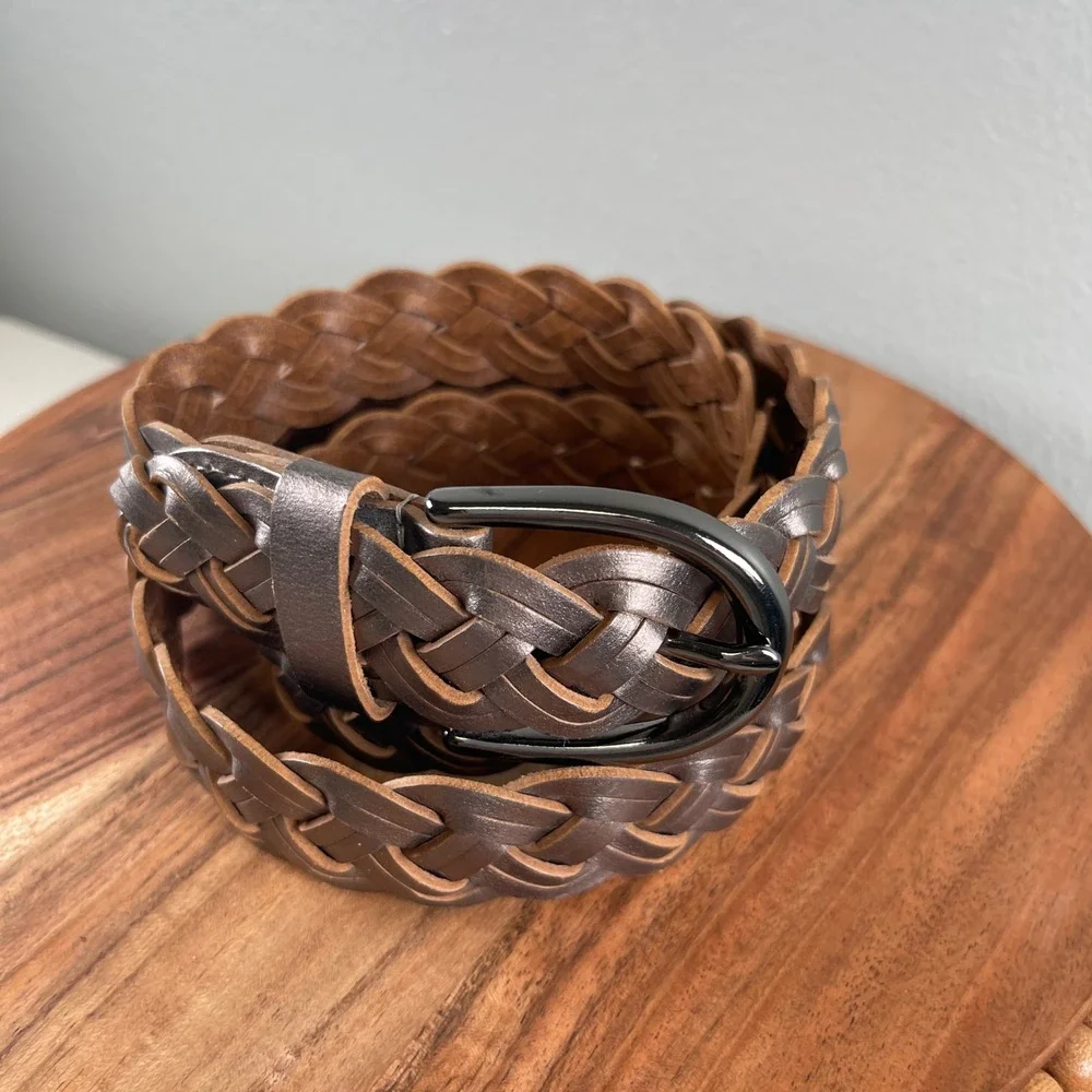 Brown Braided Leather Women's Belt Size L with silver buckle
